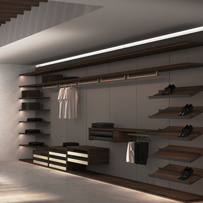 Sliding Door Master Walk In Closet Furniture Wood Aluminium With Linear LED